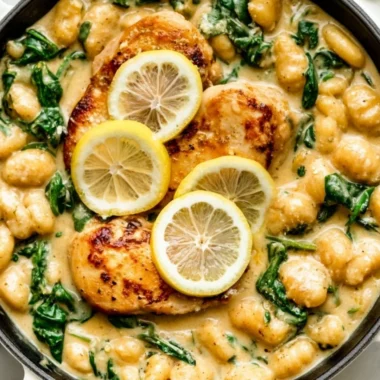 One Pan Gnocchi with Chicken and Spinach dish on a plate.