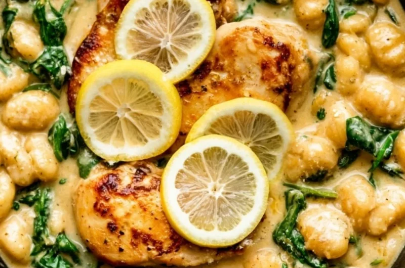 One Pan Gnocchi with Chicken and Spinach dish on a plate.