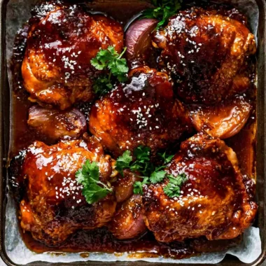 Sticky Honey Soy Chicken dish garnished and ready to serve fresh from the oven
