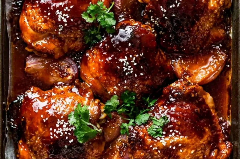 Sticky Honey Soy Chicken dish garnished and ready to serve fresh from the oven