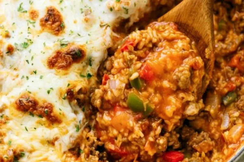 Delicious Stuffed Pepper Casserole in a baking dish above a colorful table setting.