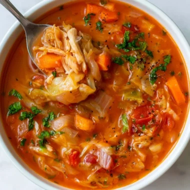 Bowl of warm, delicious cabbage soup garnished with herbs and vegetables