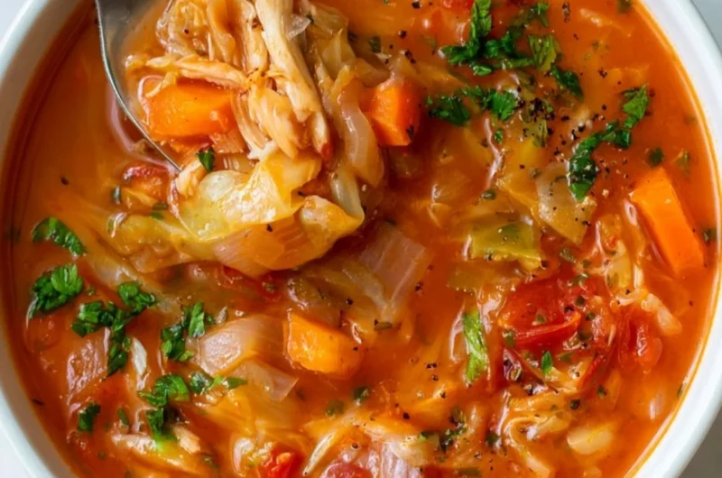 Bowl of warm, delicious cabbage soup garnished with herbs and vegetables