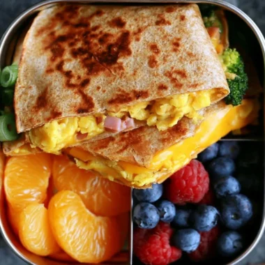 Delicious breakfast quesadilla filled with cheese, eggs, and vegetables
