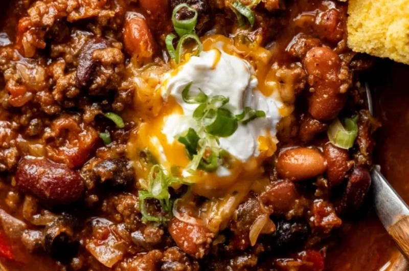 Bowl of cozy best chili recipe topped with cheese and herbs