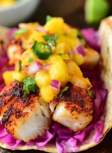 Delicious blackened fish tacos served with fresh toppings