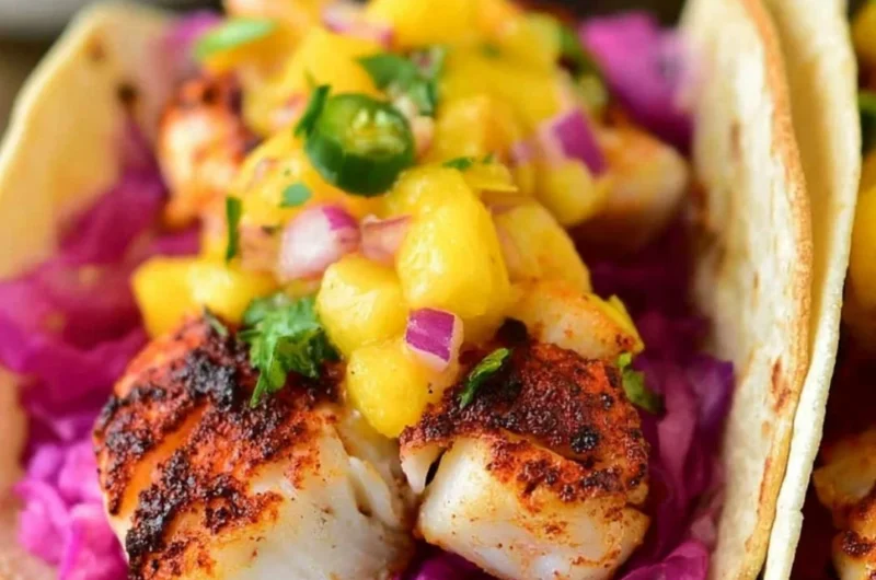 Delicious blackened fish tacos served with fresh toppings