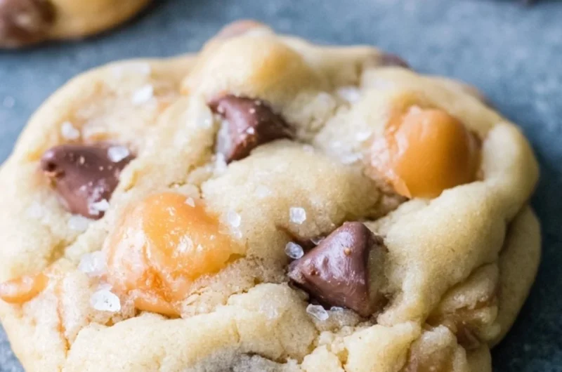 Freshly baked chocolate chip salted caramel cookies on a cooling rack
