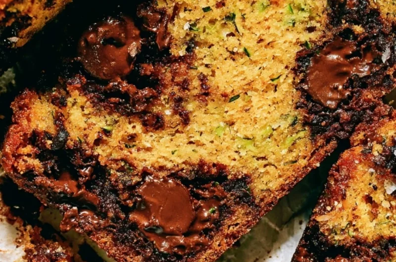Delicious slice of cozy chocolate chip zucchini bread fresh out of the oven.
