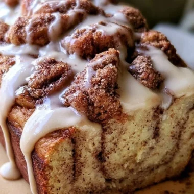 Cozy cinnamon roll banana bread fresh out of the oven topped with icing.