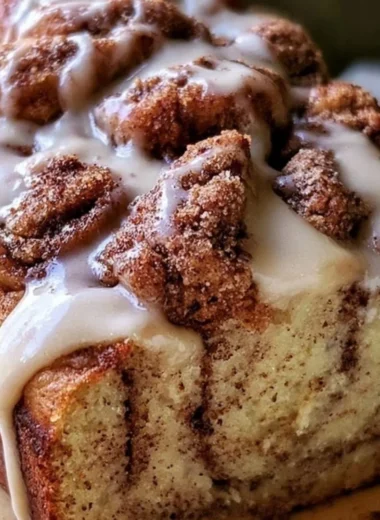 Cozy cinnamon roll banana bread fresh out of the oven topped with icing.