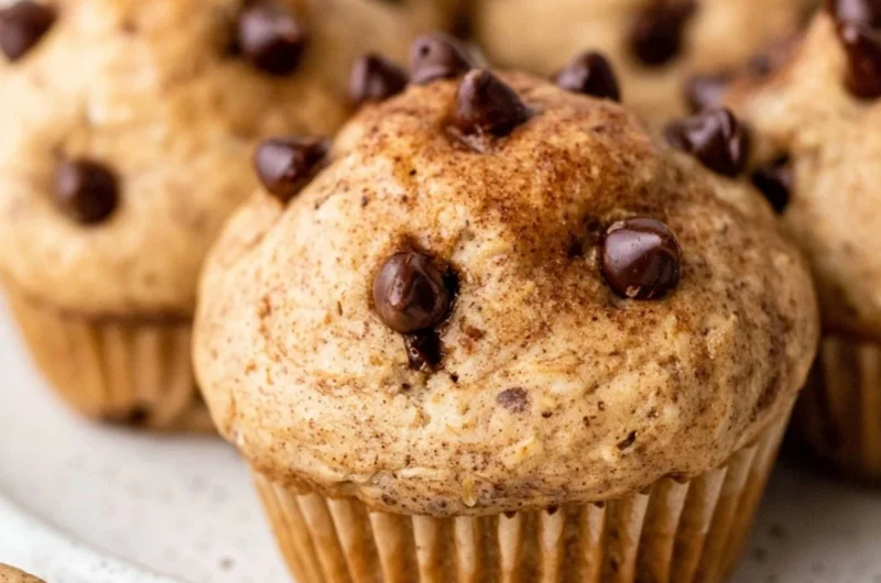 Cozy cottage cheese muffins with chocolate chips on a wooden table