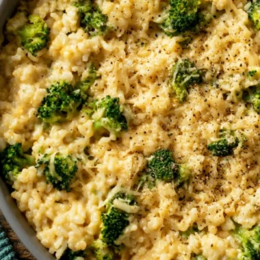 Cozy creamy broccoli cheese rice in a bowl with melted cheese on top