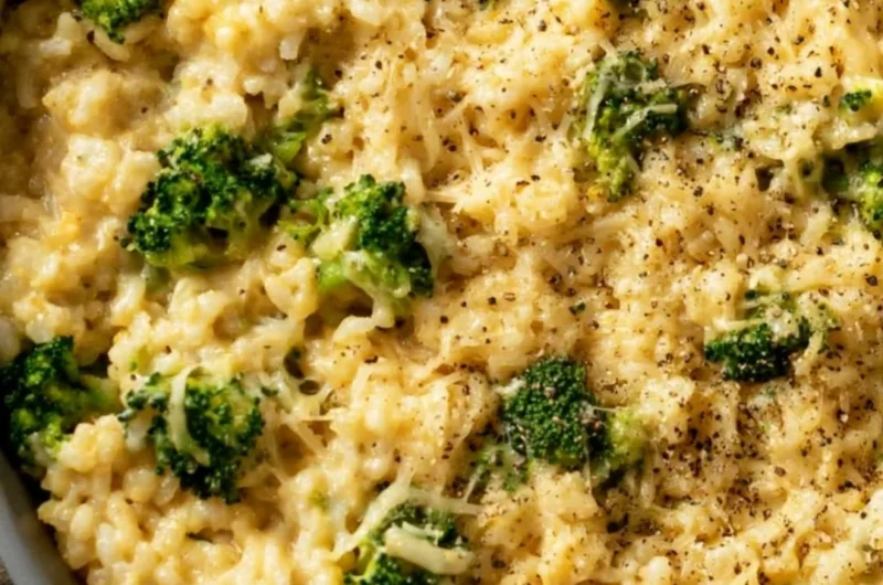 Cozy creamy broccoli cheese rice in a bowl with melted cheese on top