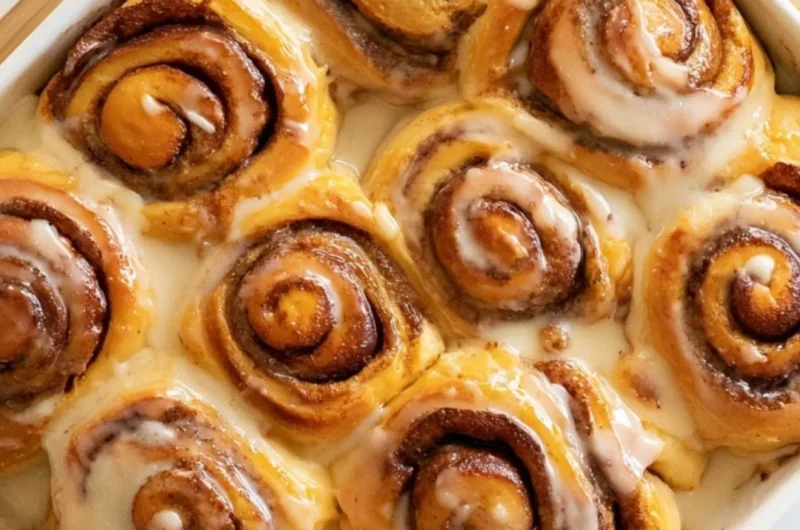 Cozy heavy whipping cream cinnamon rolls on a plate, drizzled with icing.