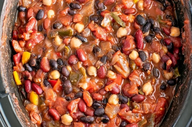 Bowl of cozy slow cooker vegetarian chili with fresh ingredients
