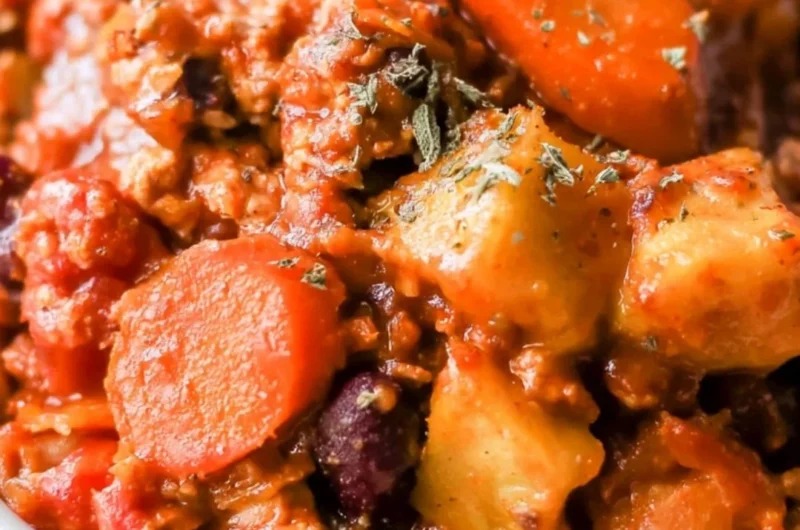 Bowl of cozy Turkey Apple Chili topped with fresh herbs.