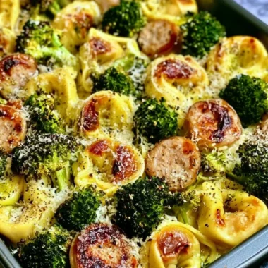 Sheet pan broccoli tortellini bake with melted cheese and fresh vegetables