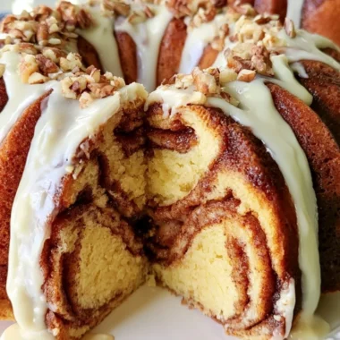 Easy Cinnamon Roll Bundt Cake with icing on a white cake stand