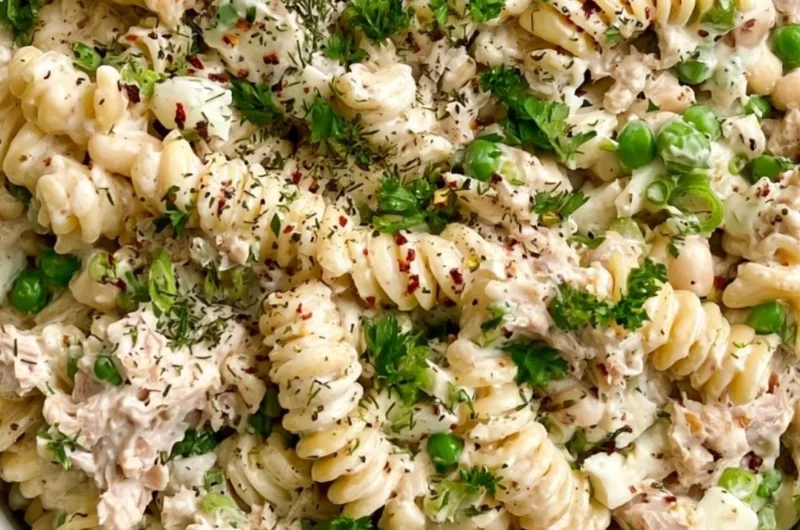 Bowl of easy tuna pasta salad with vegetables and dressing