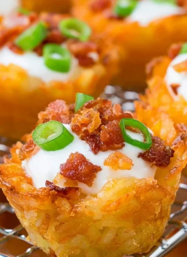 Delicious Loaded Tater Tots topped with cheese, bacon, and green onions.
