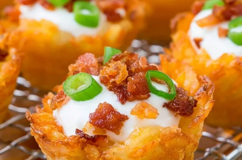 Delicious Loaded Tater Tots topped with cheese, bacon, and green onions.