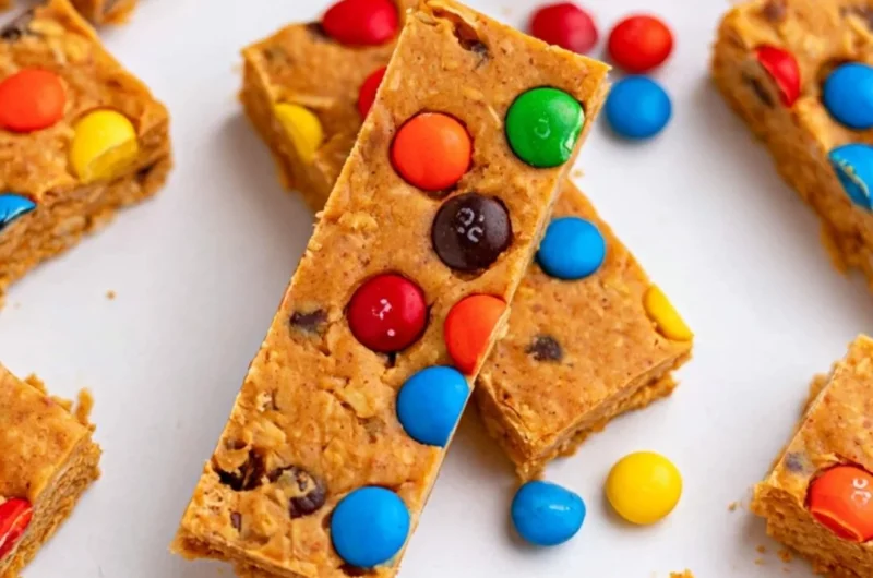 No-bake monster cookie protein bars with oats, chocolate, and peanut butter.