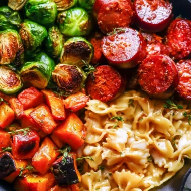 Autumn dinner with sausage, pasta, Brussels sprouts, and butternut squash dish