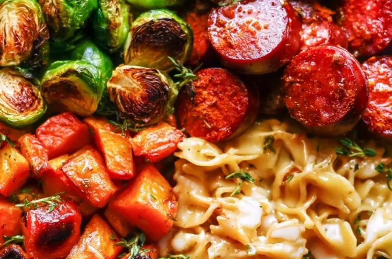 Autumn dinner with sausage, pasta, Brussels sprouts, and butternut squash dish