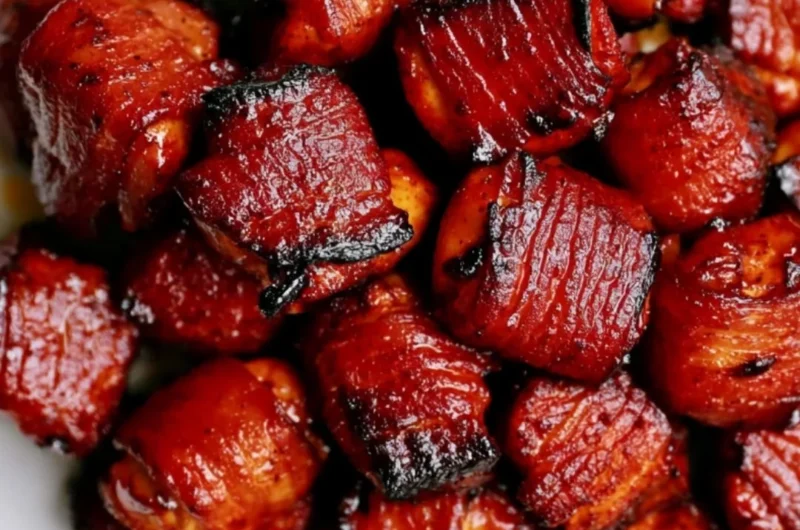 Deliciously crispy Bacon Chicken Bites served on a plate.