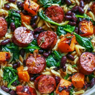 Butternut squash and black bean orzo with sausage and spinach in a bowl