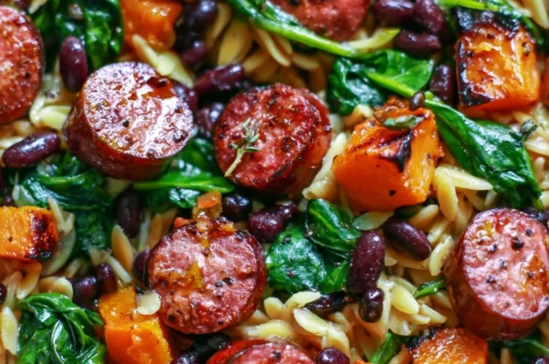 Butternut squash and black bean orzo with sausage and spinach in a bowl