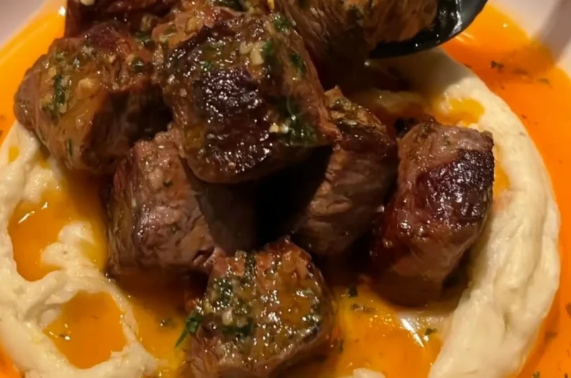 Delicious Cowboy Butter Steak Bites topped with caramelized onions on a plate.