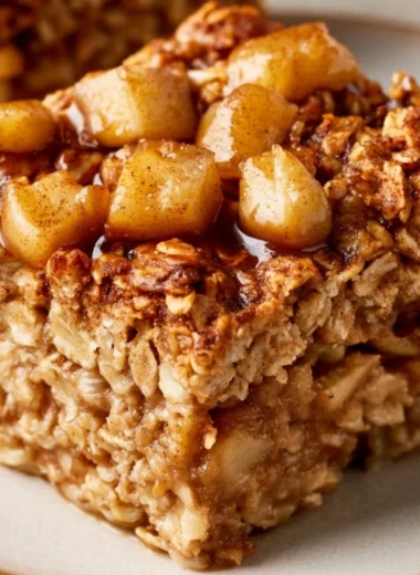 Cozy apple and cinnamon baked oatmeal served in a bowl