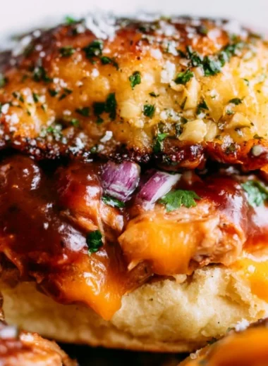 Cozy BBQ chicken sliders on a platter, garnished with fresh herbs.