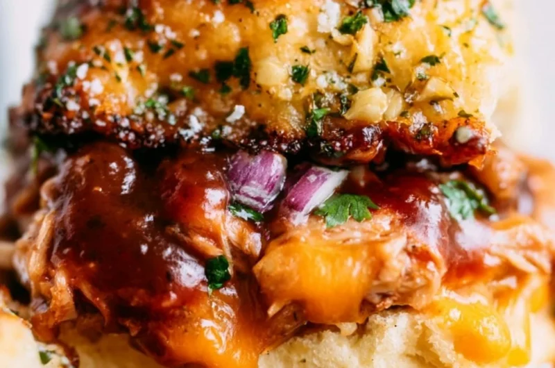 Cozy BBQ chicken sliders on a platter, garnished with fresh herbs.