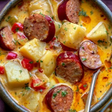Bowl of cozy Cajun potato soup with Andouille sausage and fresh herbs.