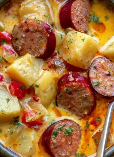 Bowl of cozy Cajun potato soup with Andouille sausage and fresh herbs.