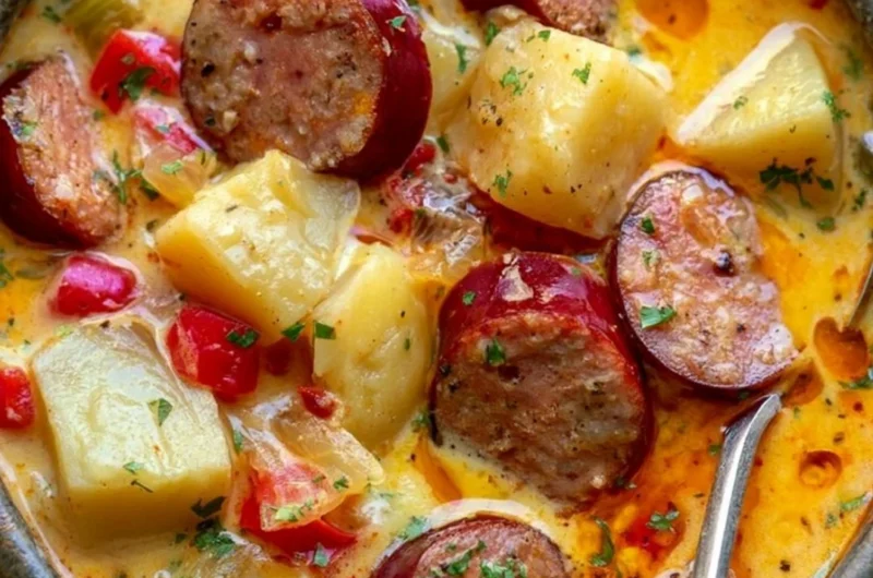 Bowl of cozy Cajun potato soup with Andouille sausage and fresh herbs.
