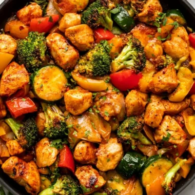 Cozy chicken and vegetables skillet dish in a cast iron pan.