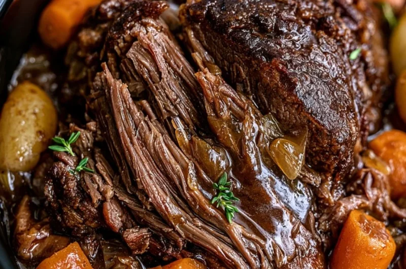 Delicious cozy crockpot pot roast served with veggies in a warm bowl.
