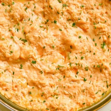 Healthy buffalo chicken dip made with Greek yogurt instead of cream cheese