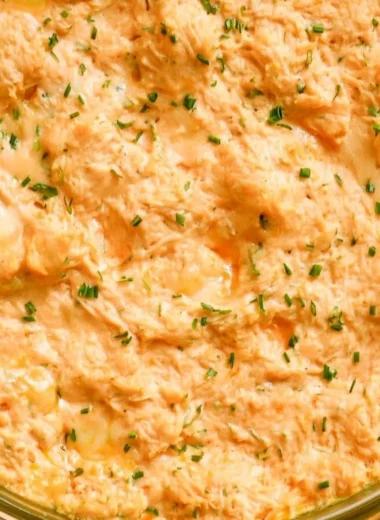 Healthy buffalo chicken dip made with Greek yogurt instead of cream cheese