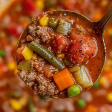 A bowl of cozy hamburger soup filled with vegetables and ground beef
