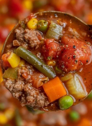 A bowl of cozy hamburger soup filled with vegetables and ground beef