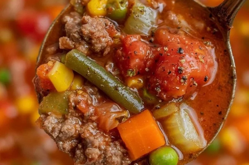 A bowl of cozy hamburger soup filled with vegetables and ground beef