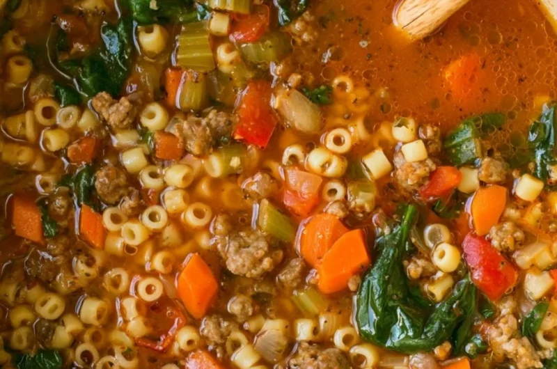Bowl of cozy Italian sausage soup with vegetables and herbs