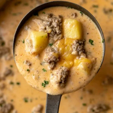Creamy cheesy beef and potato soup in a bowl, garnished with herbs.