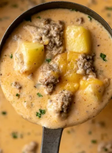 Creamy cheesy beef and potato soup in a bowl, garnished with herbs.