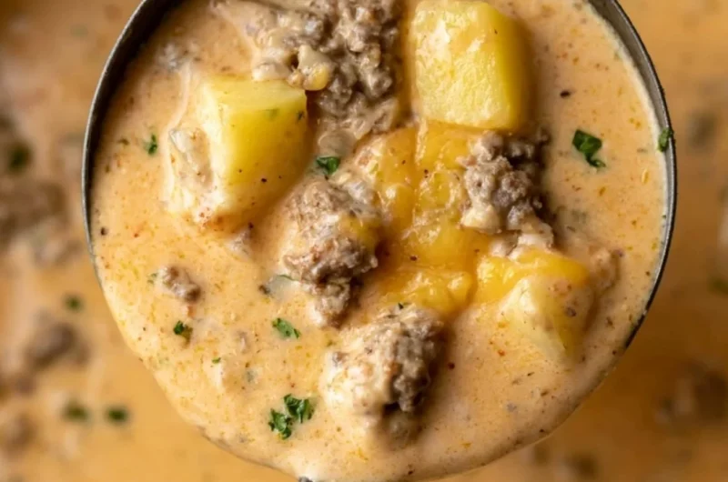 Creamy cheesy beef and potato soup in a bowl, garnished with herbs.